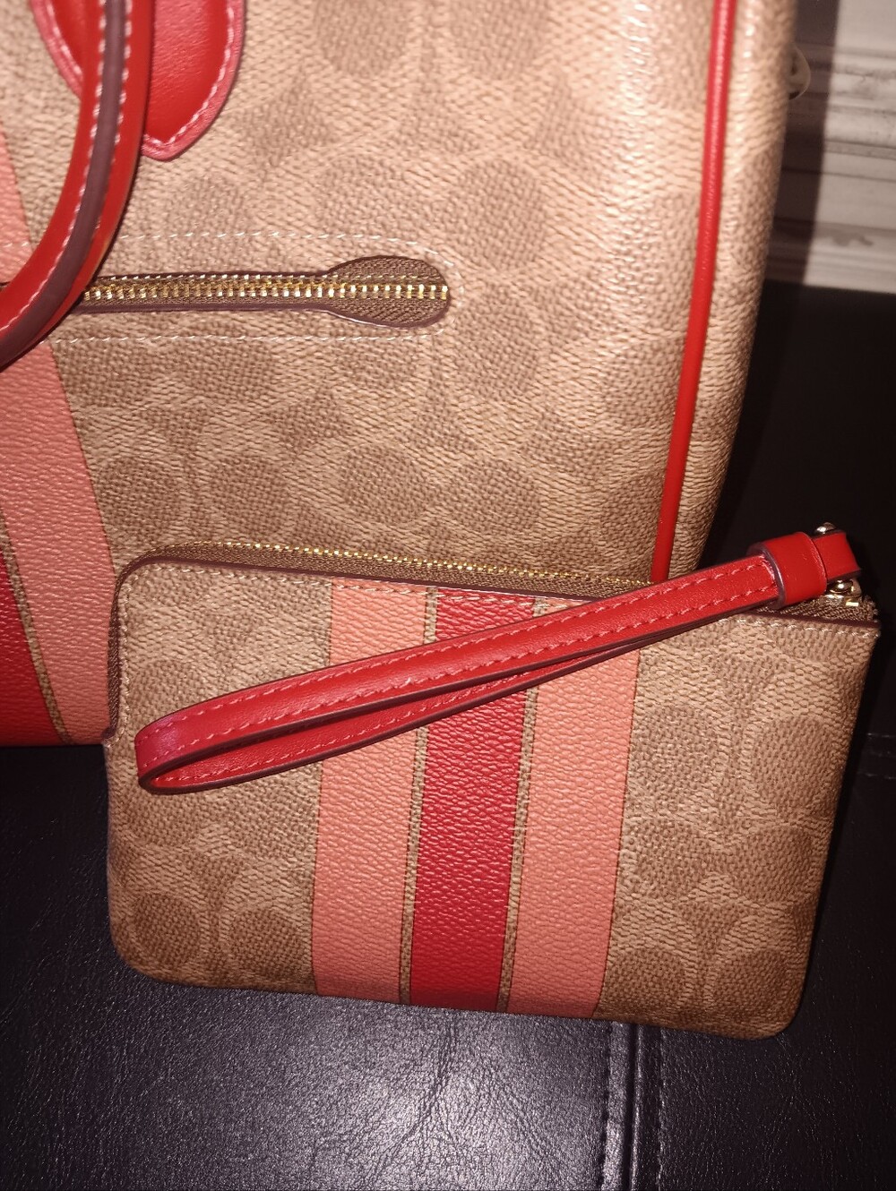 Coach Large Rowan Pink And Red Stripe Tan Signature With Wristlet And Strap - Picture 14 of 15